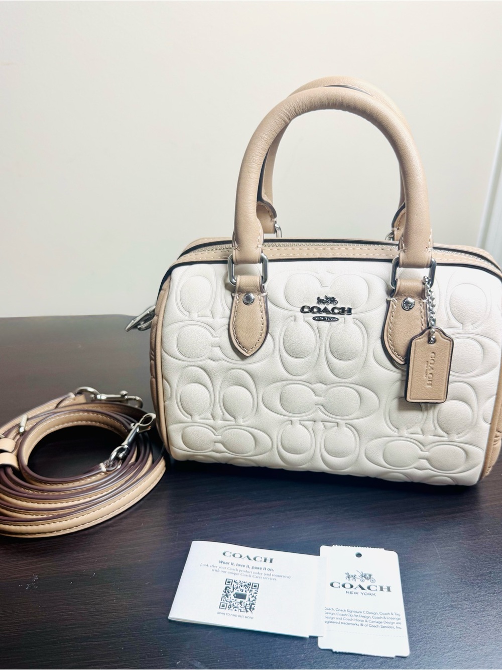 Coach Mini Rowan Blocked Signature C Satchel Top Zip Chalk/Taupe Logo Crossbody
